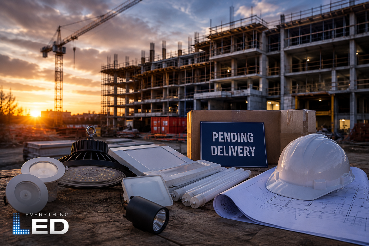 Lighting fixtures, blueprints, and a hard hat staged in front of a construction site